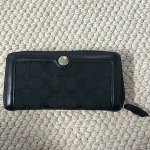 Coach Long Zip Around Signature Jacquard Black Canvas Wallet Silver Hardware
